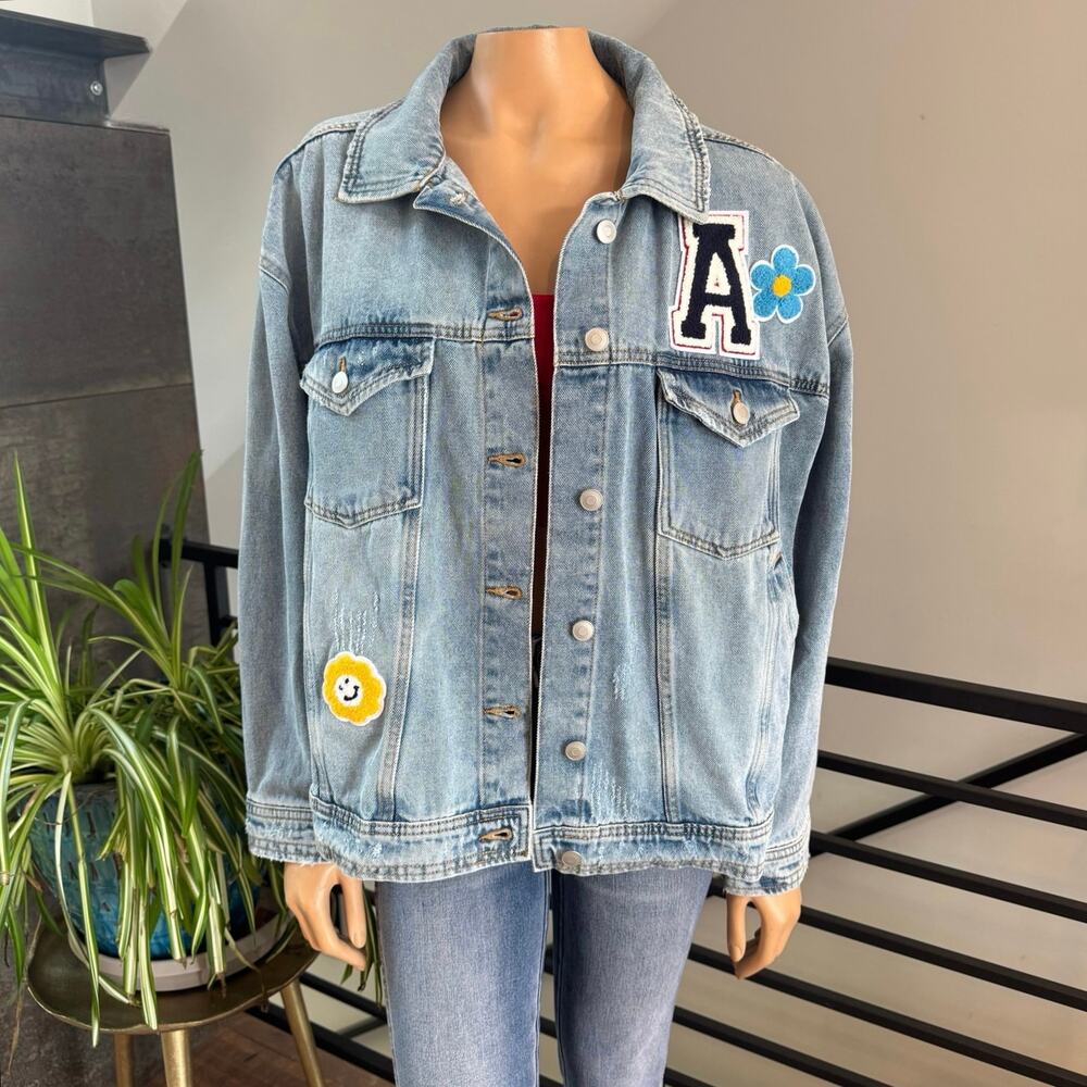 Celebrity Pink Distressed Patch Denim Jacket Size L Varsity Flower Smile Y2K